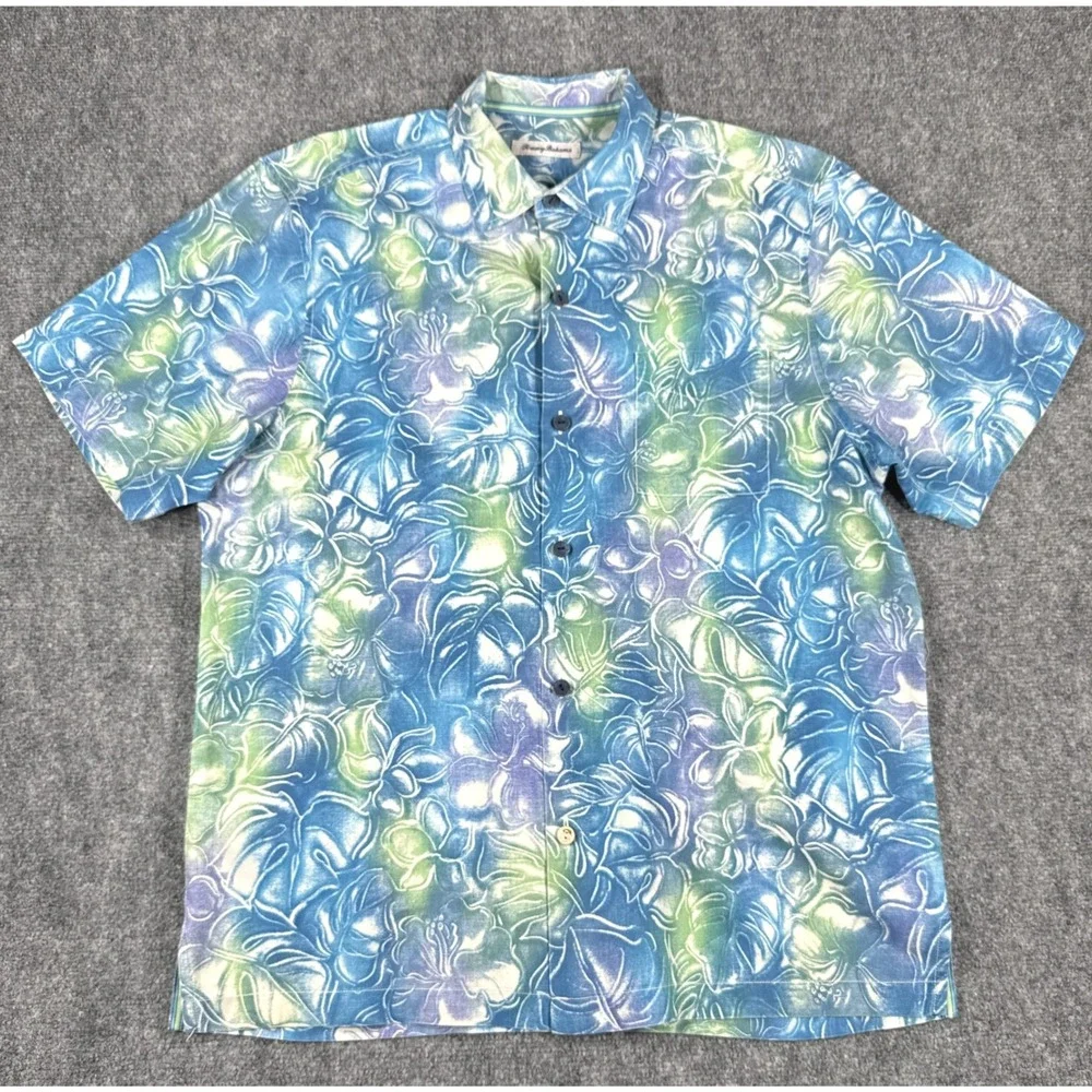 Tommy Bahama Mens Large IslandZone Silk Blend Blue Green Tropical Floral Shirt